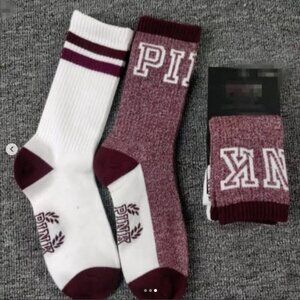 Victoria's Secret PINK White Crew Socks with Burgundy & Magenta Stripes - NWT